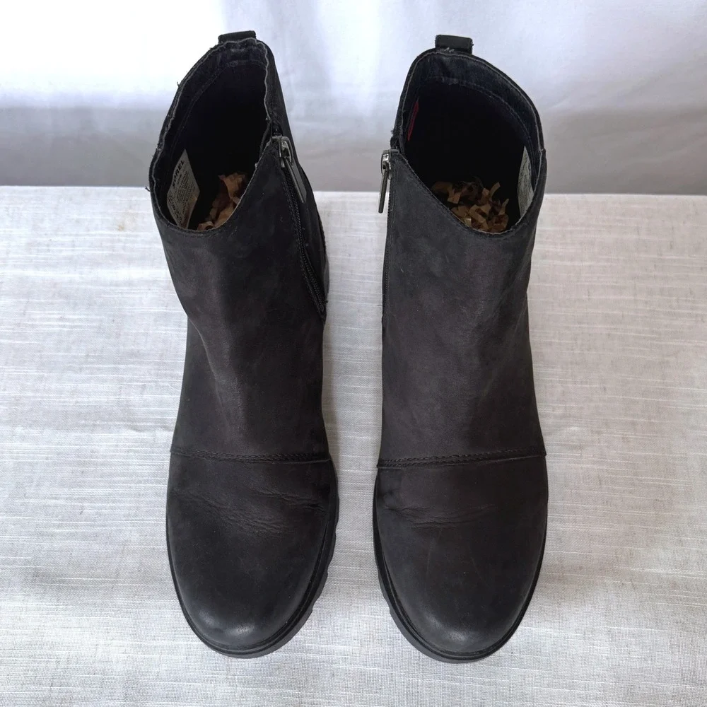 Sorel Emelie‎ III Zip Waterproof Leather Ankle Boots Black Lug Sole Chelsea